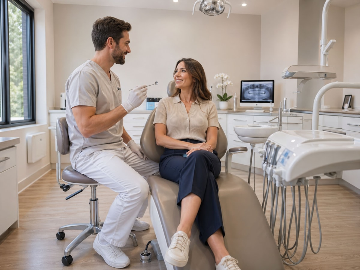 Dentist treating a smiling patient in a bright, modern dental practice